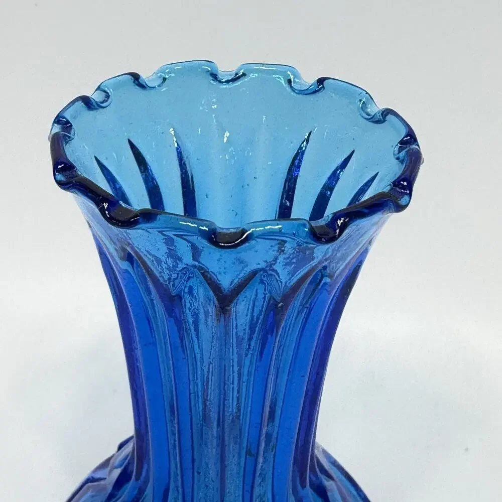 Vintage Blue Coin Glass Hobnail Vase 6.5